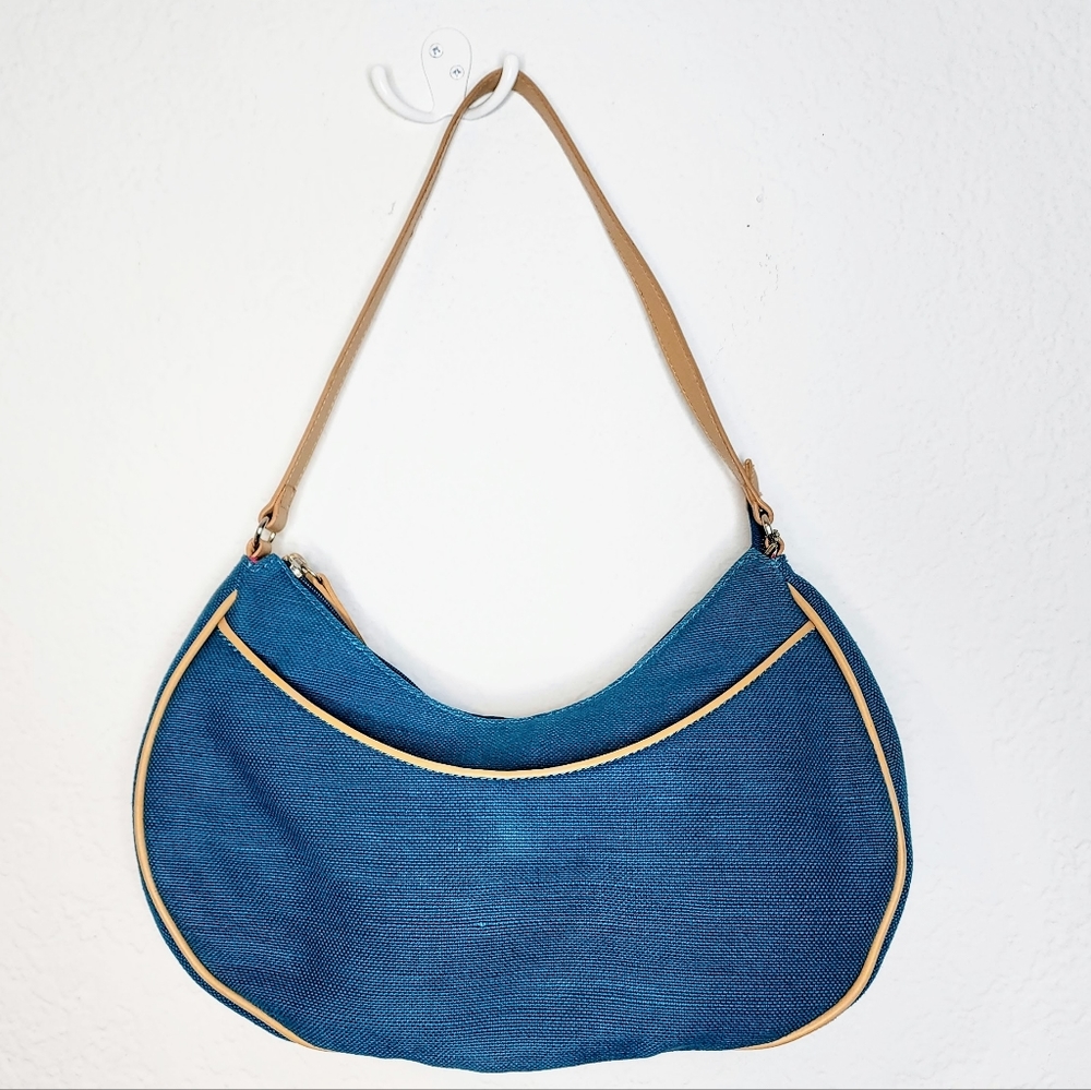 Etienne Aigner Teal Tan Shoulder Purse Woven Jute, Vegan Faux Leather Saddle Bag